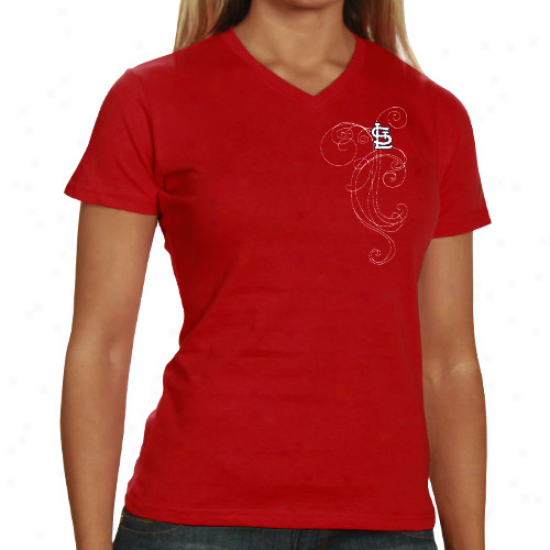 St. Louis Cardinals Laeies Red Cap Logo And Swirl V-neck T-shirt