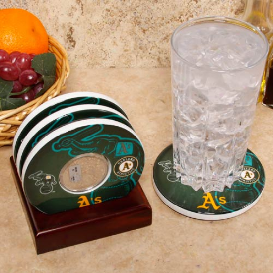 Steiner Sports Oakland Athletics White Team Logo And Field Coasters With The Coliseum Authentic Dirt Capsules
