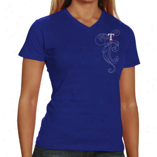 Texas Ranyers Ladies Royal Blue Cap Logo And Swirl V-neck T-shirt