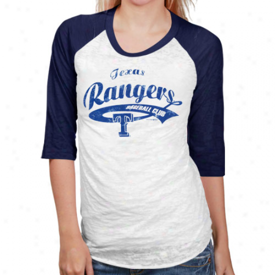 Texas Rangers White-navy Blue Burnout Raglan Three-quarter Length Sleeve T-shirt