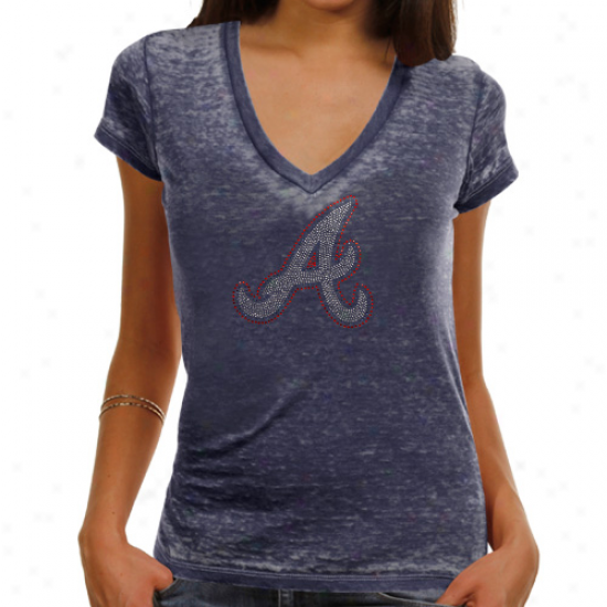 Stroke  By Alyssa Milano Atlanta Braves  Ladies Burnout Thermal V-neck Long Sleeve Premium T-shirt - Navy Blue