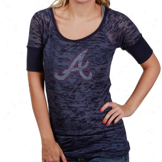 Touch By Alyssa Milano Atanta Braves Ladies Navy Blue Rhinestone Logo Sheer Burnout Premium T-shirt