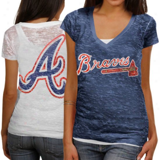 Tinge By Alyssa Milano Atlanta Braves Ladies Superfan Iii Burnout Premium V-neck T-shirt - Navy Blue/white