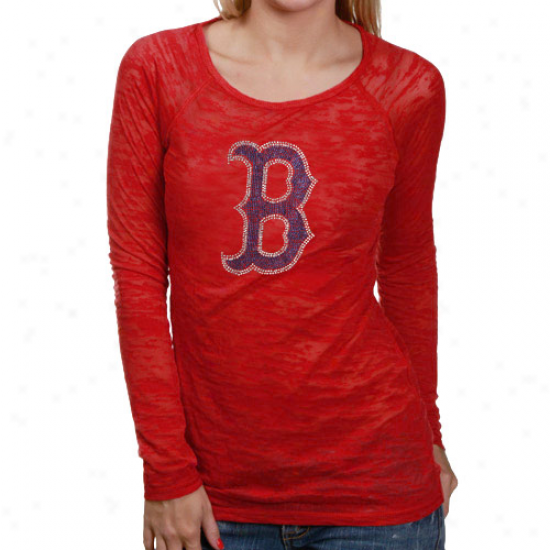 Handle By Alyssa Milano Boston Red Sox Ladies Red Rhinestone Logo Sheer Burnout Premium Long Sleeve T-shirt