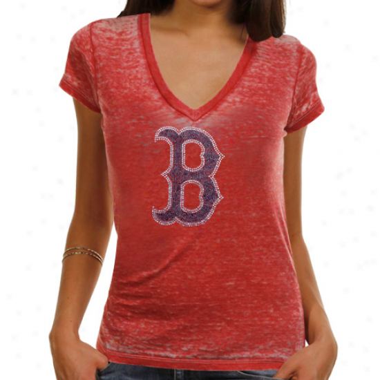 Touch By Alyssa Milano Bodton Red Sox Ladies Fade Route Premium Burnout Low V-neck T-shirt - Red