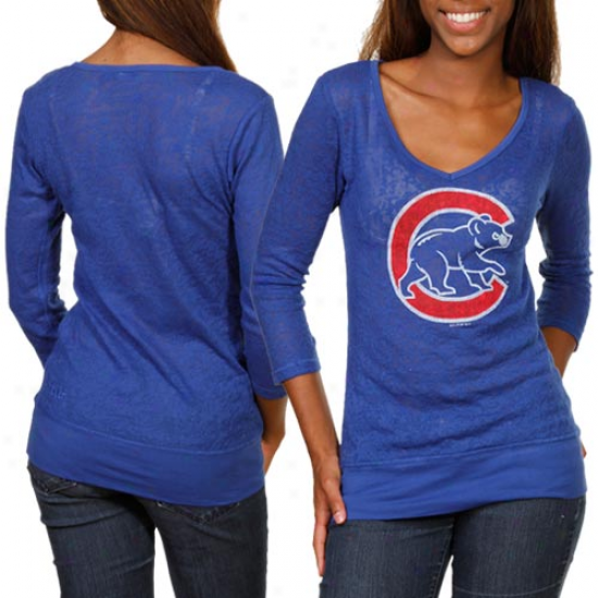 Touch At Alyssa Milano Chicago Cubs Ladies Burnout Thermal V-neck Ling Sleev Premium T-shirt - Royal Blue