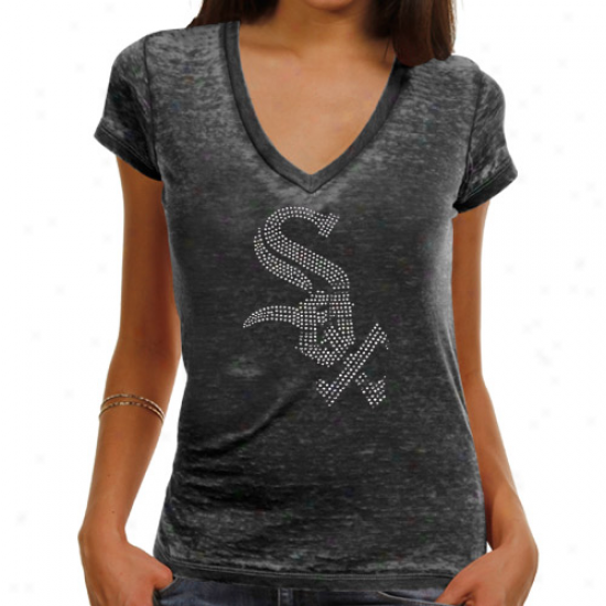 Touch By Alyssa Milano Chicago White Sox Ladies Fade Route Premium Burnout Low V-neck T-snirt - Black