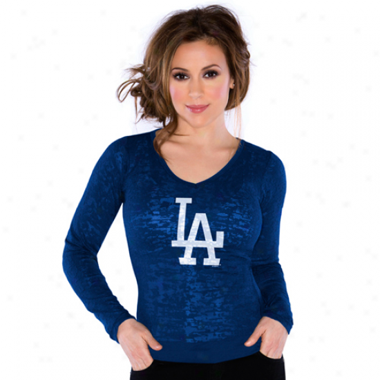 Touch By Alyssa Milano L.a. Dodgers Ladies Burnout Thermal V-neck Long Sleeve Premium T-shirt - Royal Blue