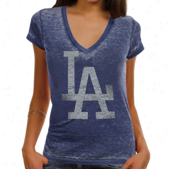 Delineate  By Alyssa Milano L.a. Dodgers Ladies Fade Route Premium Burnout Low V-neck T-shirt - Kingly Blue