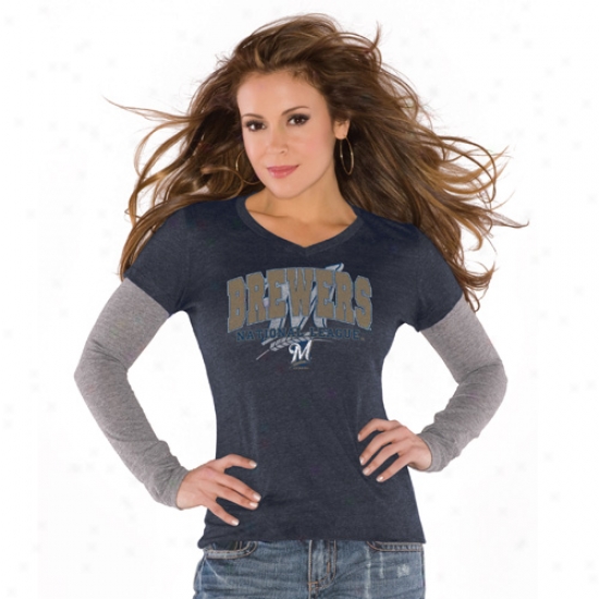 Touch By Alyssa Milano Milwaukee Brewers Ladies Navy Blue Crystal Logo Mere Burnout Premium Long Sleeve T-shirt