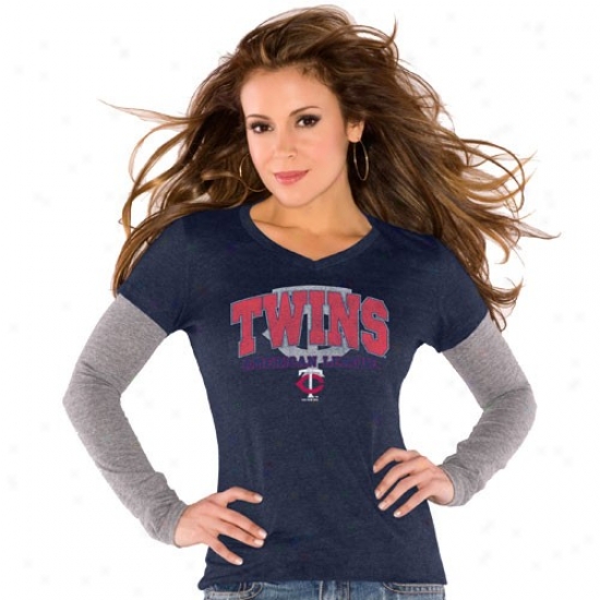 Touch By Alyssa Milano Minnesota Twins Ladies Navy Blue Duoble V Triblennd Premium T-shirt