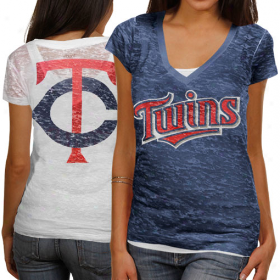 Touch By Alyssa Milano Minnesota Twins Ladies Superfan Iii Burnout Premium V-neck T-shirt - Navy Blue/white