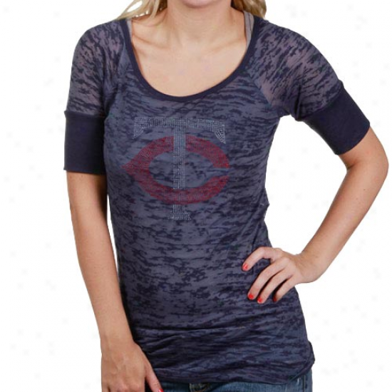 Touch By Alyssa Milano Minnesota Twins Ladies Navy Blue Crystal Premium 1/4 Sleeve Burnout T-shirt