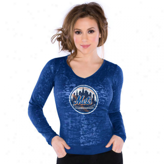 Touch By Alyssa Milano New York Mets Ladies Pedantic  Sheer Burnout Crysyal Logo Premium T-shirt