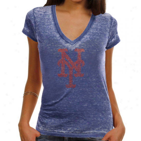 Touch By Alyssa Milano New York Mets Ladies Fade Route Premium Burnout Low V-neck T-shirt - Royal Blue