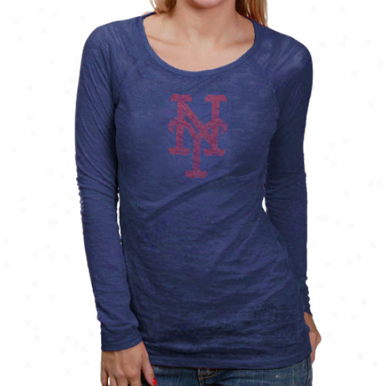 Touch By Alyssa Milano New York Mets Ladies Royal Blue Rhinestone Logo Sheer Burnout Preium Long Sleeve T-shirt