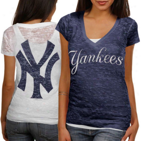 Adhesive By Alyssa Milano New York Yankees Ladies Superfan Iii Burnout Premium V-neck T-shit - Navy Blue-white