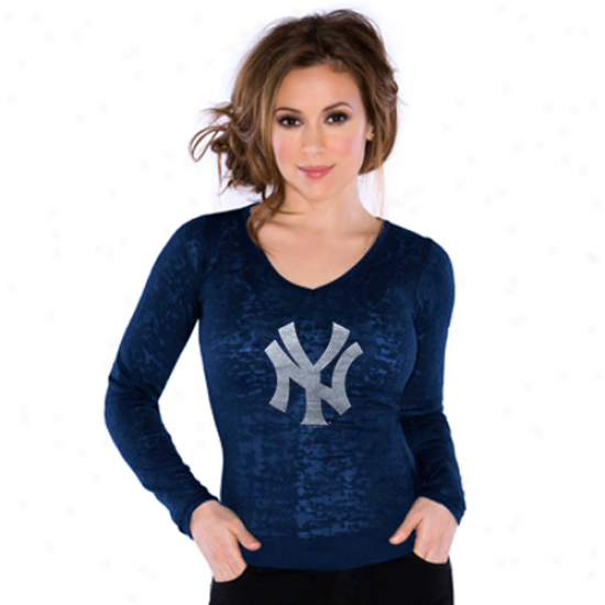 Touch Along Alyssa Milano Repaired York Yankees  Ladies Burnout Thermal V-neck Long Sleeve Premium T-shirt - Navy Bluue