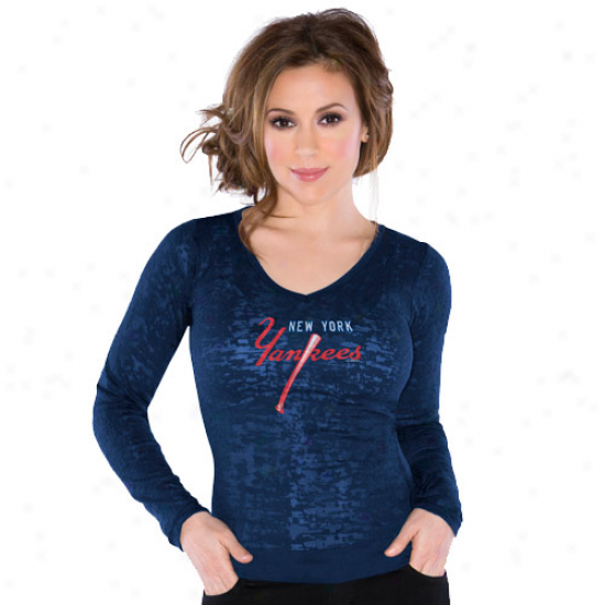 Touch By Alyssa Milano New York Yankees Ladies Burnout Thermal V-neck Long Sleeve Premium T-shirt - Nayv Blue