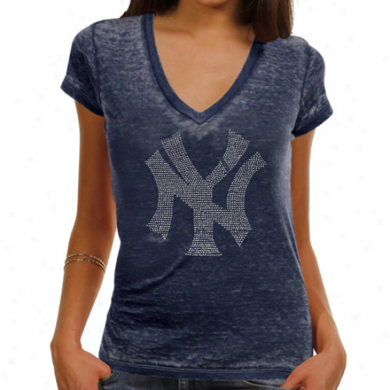 Touch By Alyssa Milano New York Yankees Ladies Fade Route Prwmium Burnout Low V-neck T-shirt - Navy Blue