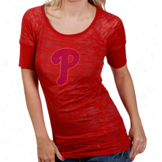 Touch By Alyssa Milano Pyiladelphia Phillies Ladies Red Crystal Logo Sheer Burnout Premium  T-shirt