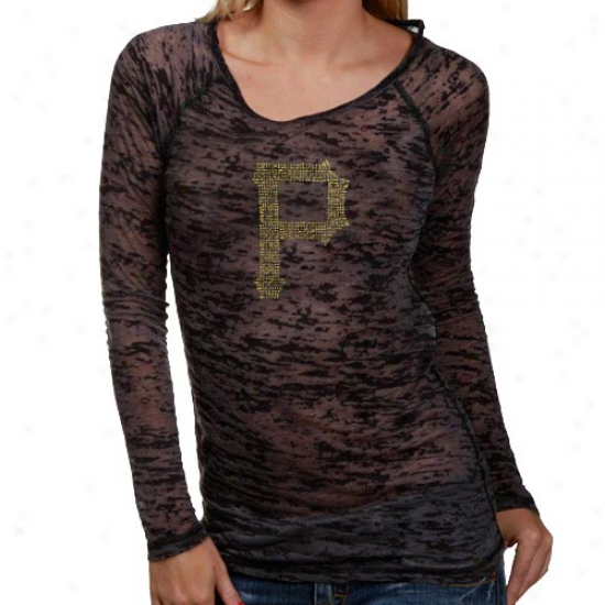 Toufh By Alyssa Milano Pittsburgh Pirates Ladies Black Sheer Crystal Premium Long Sleeve T-shirt