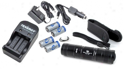 Combo: Olight T10-t (r5 Cree Xp- gR5) Led Flashlight + Card: 4pcs Rcr123a Lithium Batteries & Charger Kit
