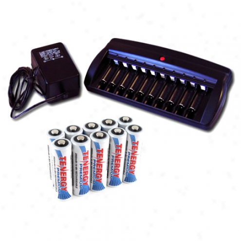 Combo: Tenergy T-6988 Smart 10-channel Nimu Battery Charger + 10 Aa Premium Nimh Batteries