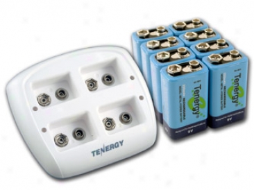 Combo: Tenergy Tn136 4-bay 9v Smart Charger + 8pcs 9v 250mah Nimh Rechargeable Batteries