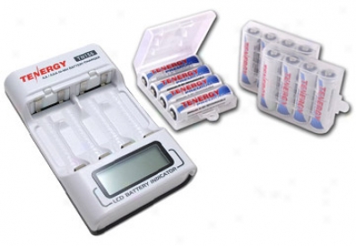 Combo: Tenergy Tn156 4-bay Aa/aaa Nimh Lcd Baattery Charger + 12pcs Premium Aa Batteries W/ Holders