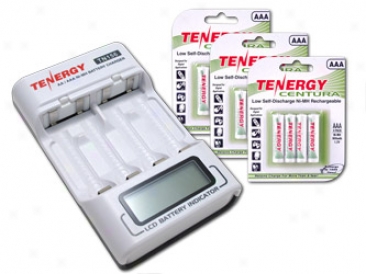 Combo: Tenergy Tn156 4-bay Aa/aaa Nimh Lcd Battery Charger + 3 Cards Centura Aaa Batteries (12pcs)