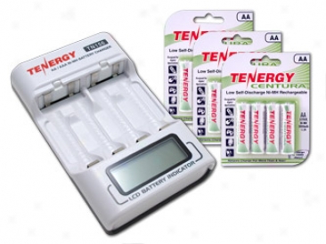 Combo: Tenergy Tn156 4-bay Aa/aaa Nimh Lcd Battery Charger + 3 Cards Centura Aa Batteries (12pcs)