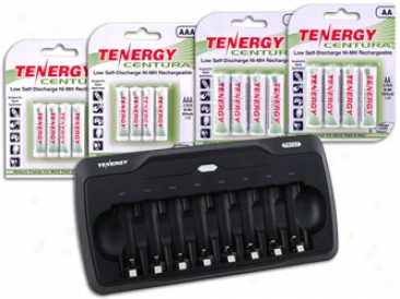 Combo: Tenergy Tn157 8-bay Aa/aaa Battery Charger + 2 Card Aa & 2 Card Aaq Centura Batteries