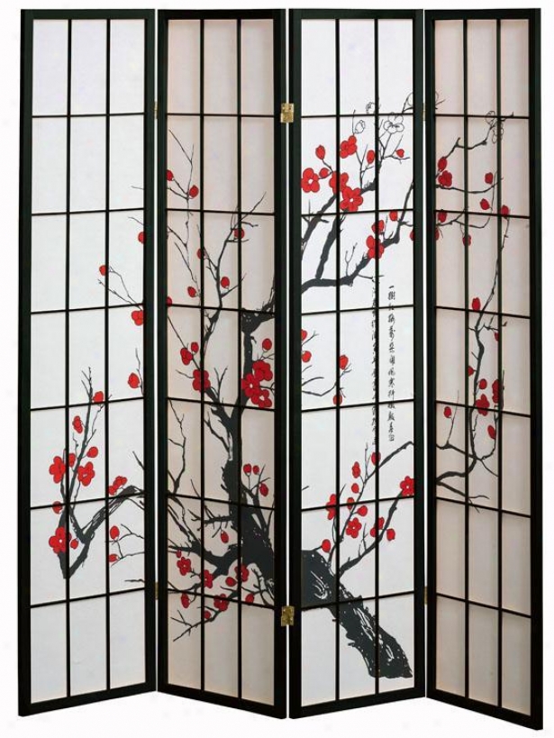 4-panel Cherry Blossom Design Room Divider - 4-panel, Black