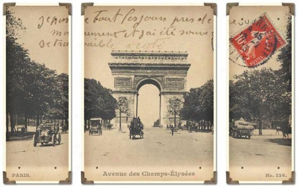 "arc De Triumphe Champs Elysees Wall Art - 23""h X 36""w, Cream/black"