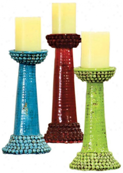 Beaded Ceramic Candle Stands - Set Of 3 - Set Of 3, Purplr