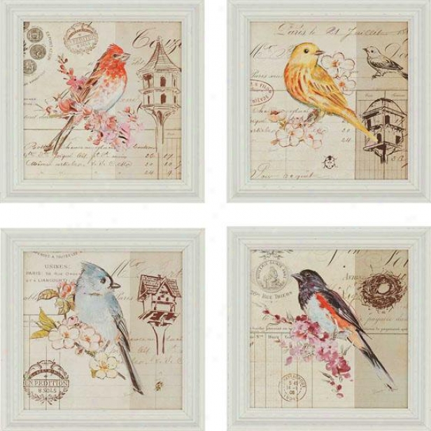 Bird Depict Wall Art - Set Of 4 - Set Of Four, Ivory