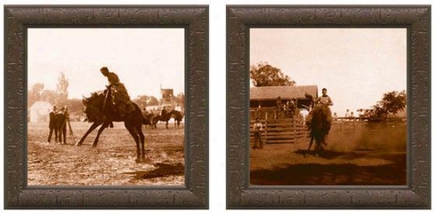 Bucking Bronco Equestrian Framed Wall Art - Set Of 2 - Set Of Pair, Sepia