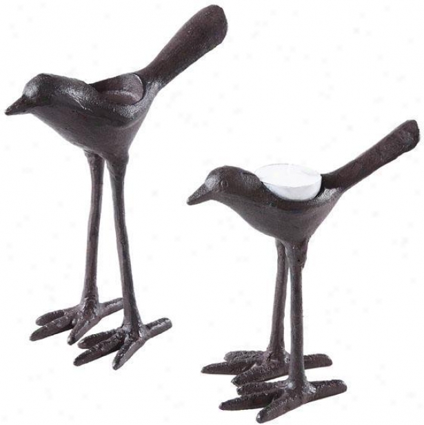 Cast Iron Bird Tealight Holders - Set Of-2 - 6.5x3.5, Bronze