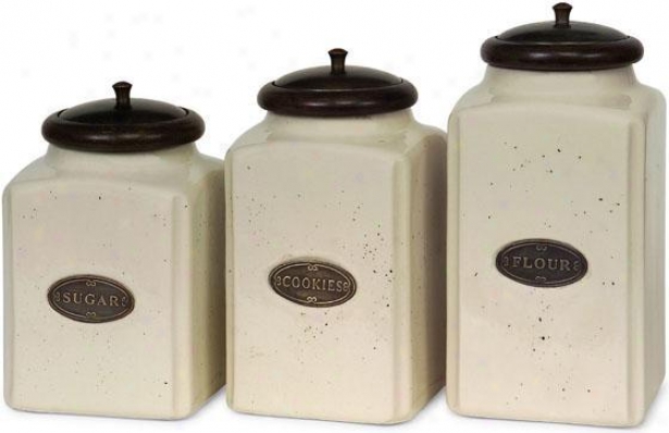 Ceramic Ivory Canisters - Stud Of 3 - Set Of Three, Brown