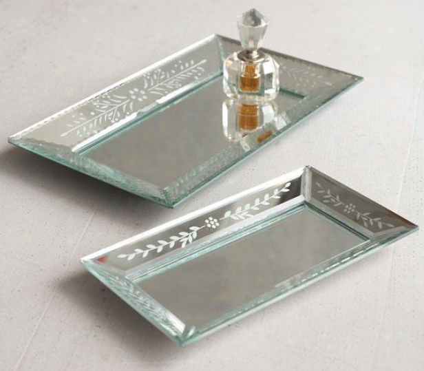 Exquisite Hand-etched Mifror Trays - Set Of 2 - Put Of 2, Silver
