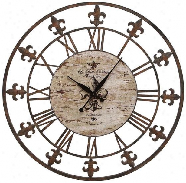 "fleuur De Lis Wall Clock Ii - 36""d, Antiqued Brown"