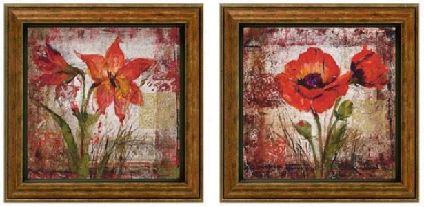 Floral Song In Pink Framed Wall Art - Set Of 2 - Set Of Two, Red