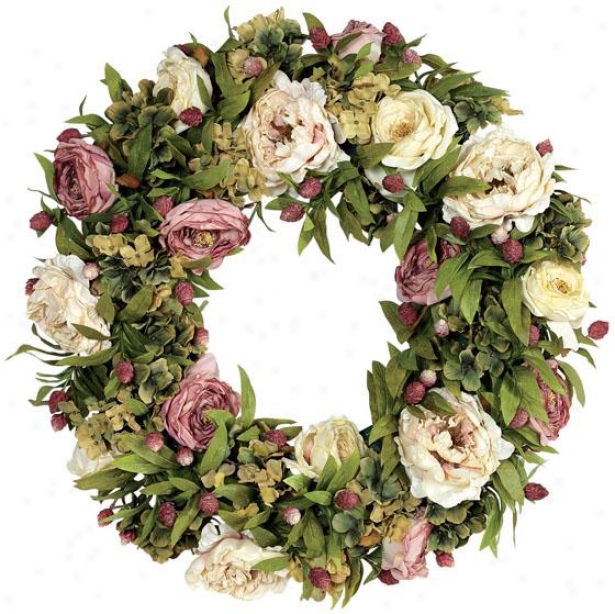 "hydrangea And Rose Wreath - 24""d, Pink/green"