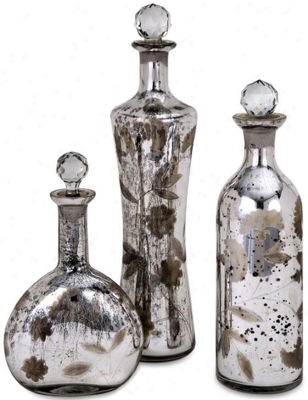 Madison Etched Mercury Glass-lidded Bottles - Set Of 3 - Set Of 3, Silver