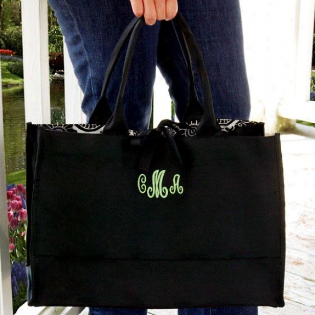 "monogram Damask Tote Bag - 18 X 12 X 8.5"", Black/apple Grn"