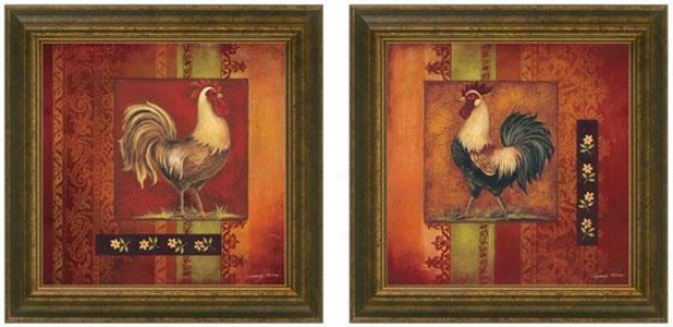 Murano Rooster Framed Wall Art - Set Of 2 - Set Of Two, Burgundy