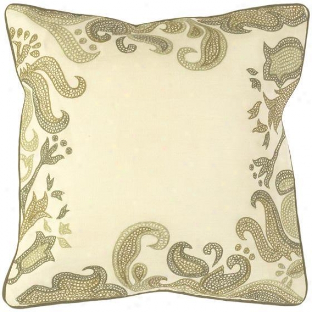 "paisley Bordered Pillows - Set Of 2 - 18""x18"", Ecru/dark Olive"