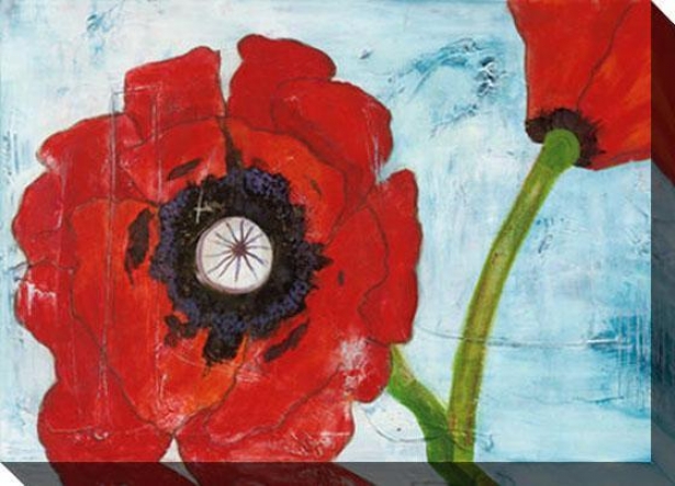 Poppies On Blue I Canvas Wall Art - I, Red