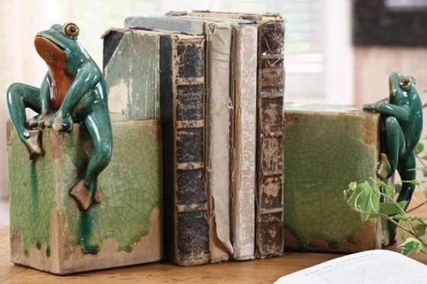 Ribbit Bookends - Set Of 2 - 5.5x5.5, Green